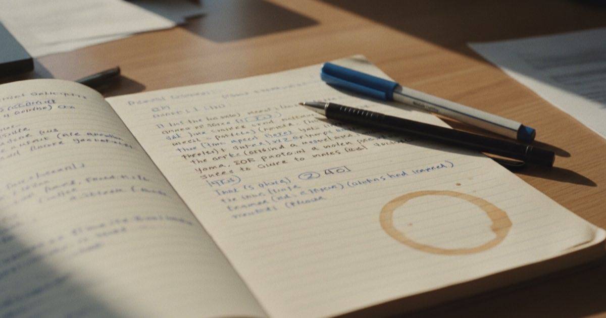 Foto quente de um caderno com várias perguntas curtas escritas à mão