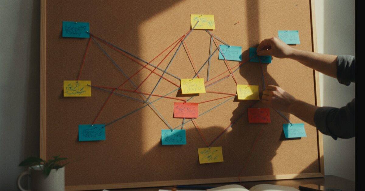 Manos colocando tarjetas etiquetadas unidas con hilos de colores en un corcho