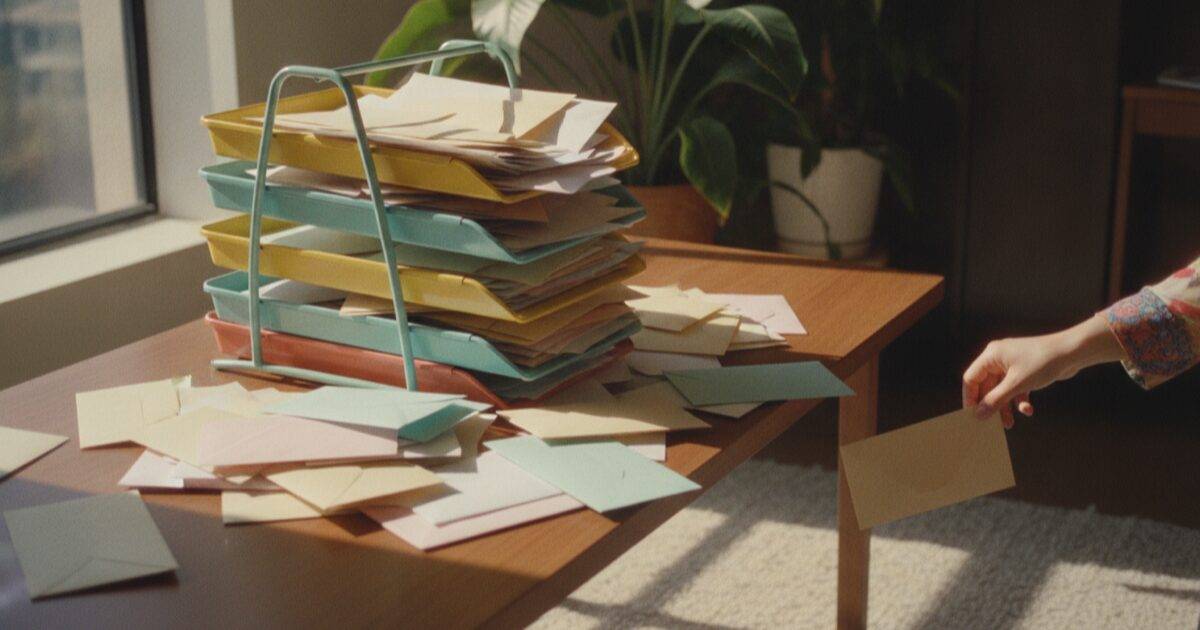 Bandejas de papelería apiladas y desbordadas de sobres sobre un escritorio soleado