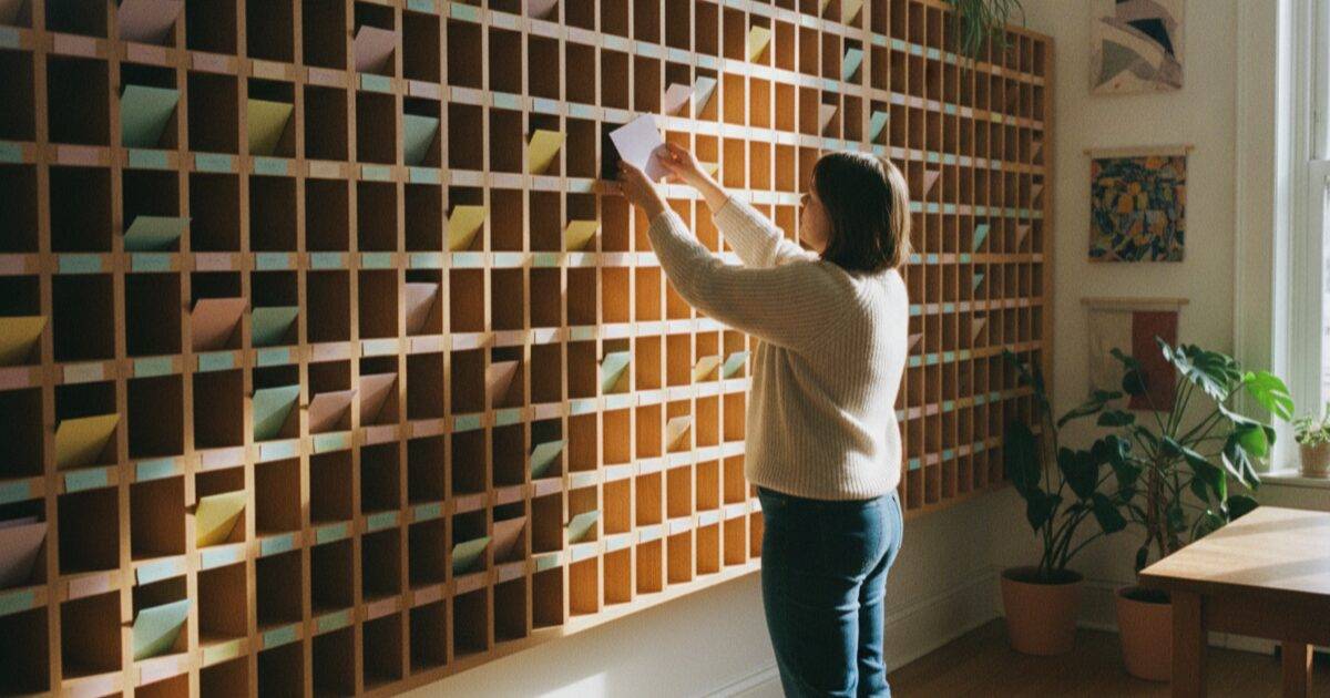 Una pared de pequeños buzones de madera etiquetados con una persona clasificando sobres