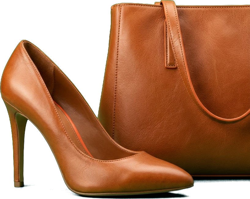 Cognac leather high heel and handbag composition